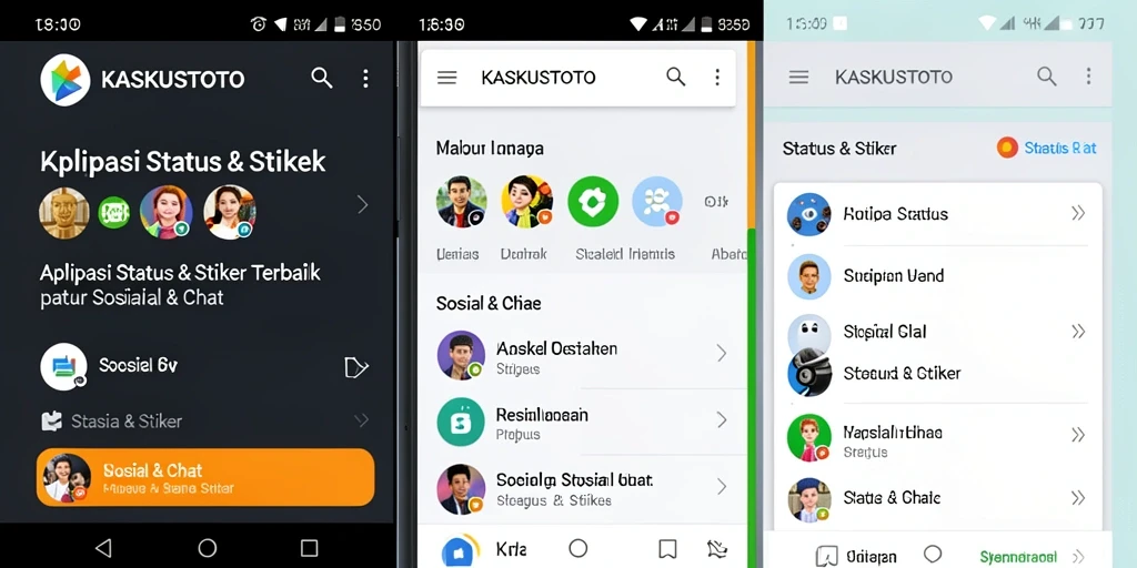 Antarmuka KASKUSTOTO menampilkan berbagai stiker menarik dan status.